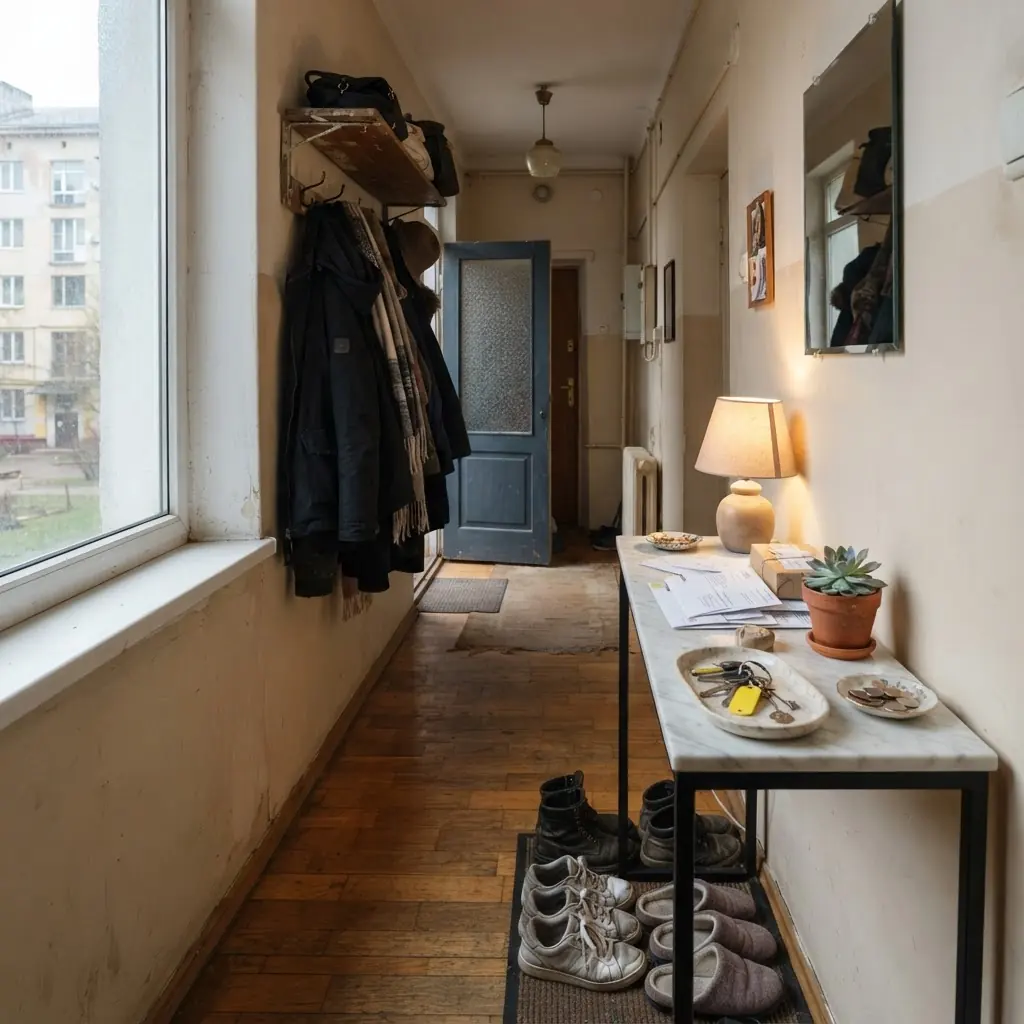Передпокій квартири з консоллю з мармуру Bianco Carrara