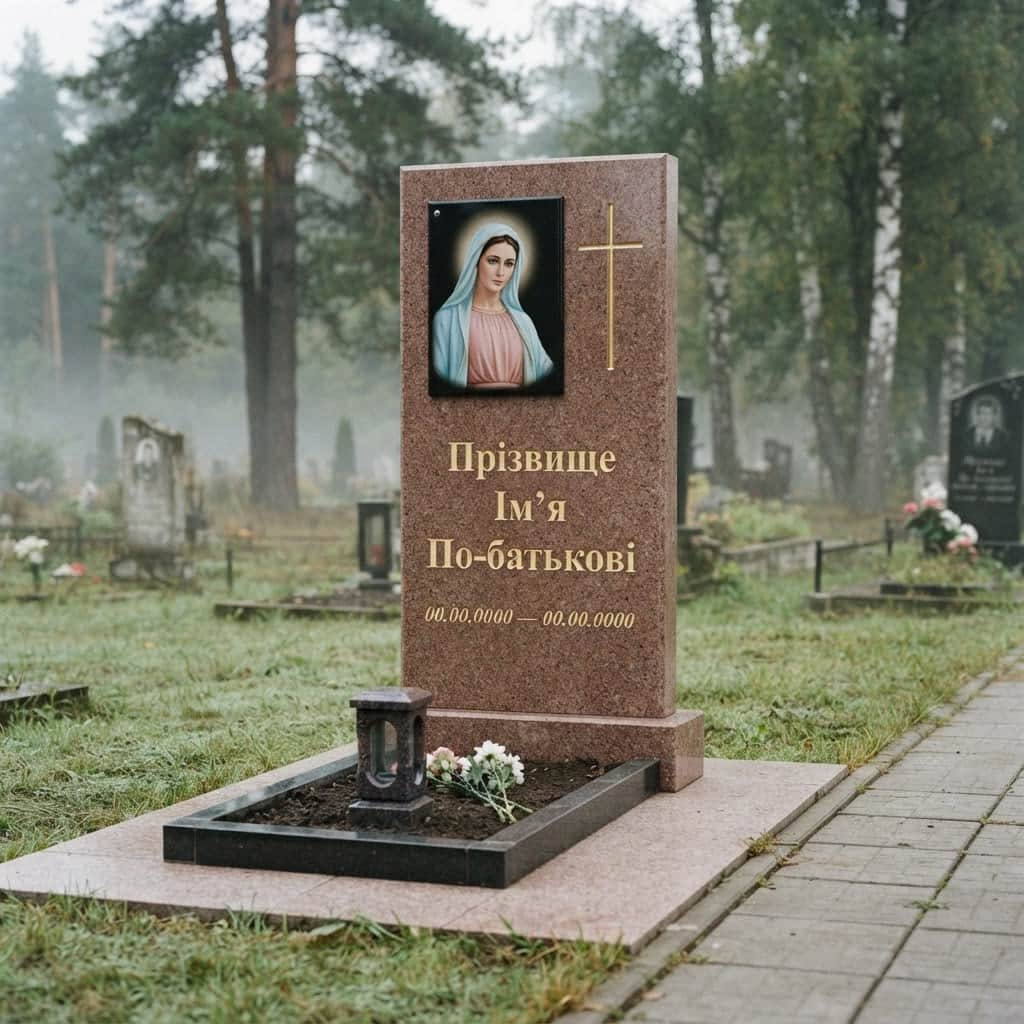 Пам'ятник «Одинарний пам'ятник — капустинський граніт, проста форма» №061 — пам'ятник одинарний, капустинський, червоний