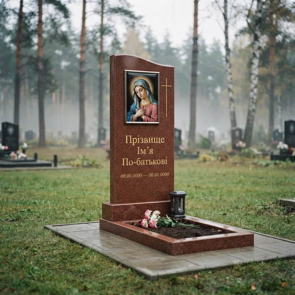 Пам'ятник «Одинарний пам'ятник — межиріцький граніт, базове оздоблення» №062 — пам'ятник одинарний, межиріцький, червоний