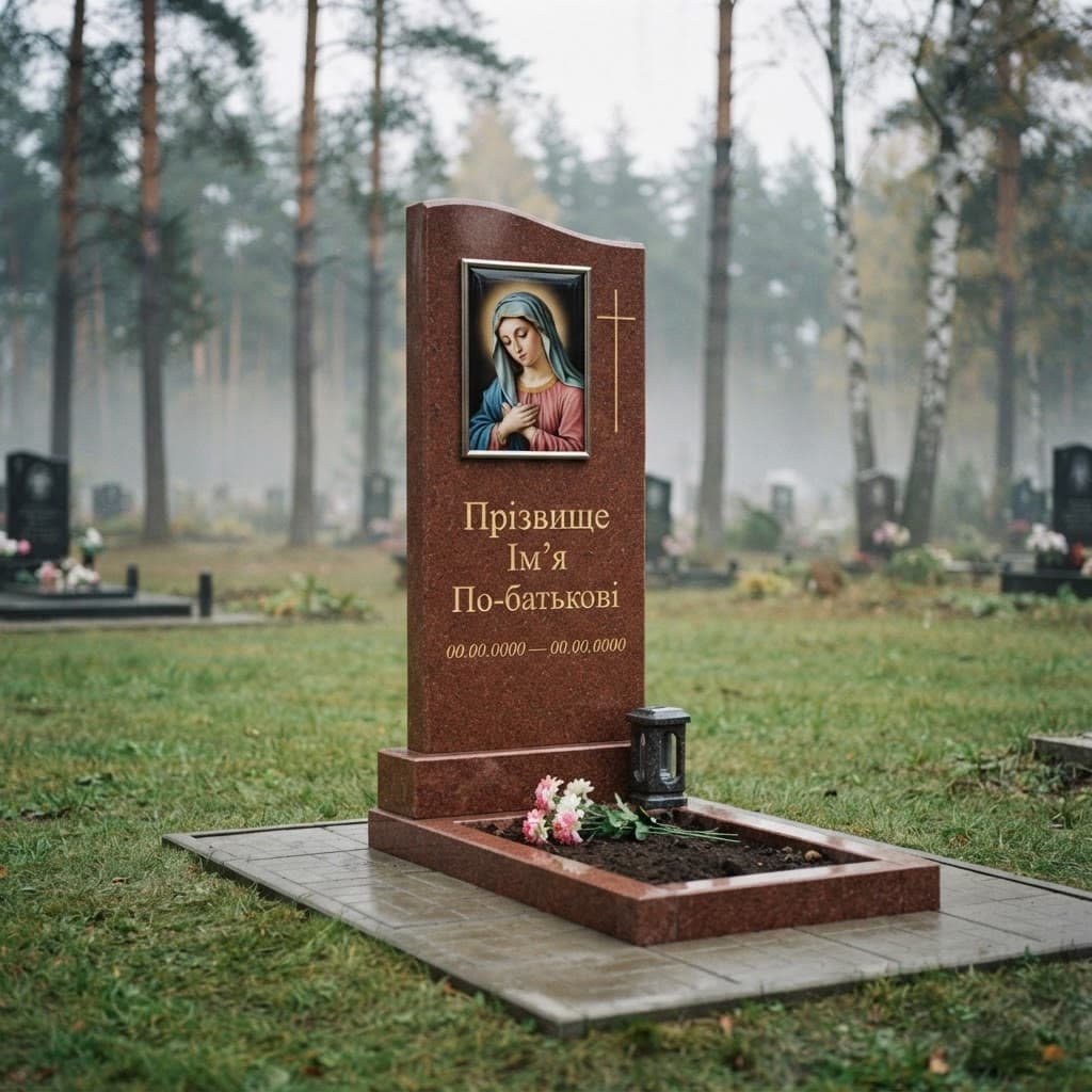 Пам'ятник «Одинарний пам'ятник — межиріцький граніт, базове оздоблення» №062 — пам'ятник одинарний, межиріцький, червоний