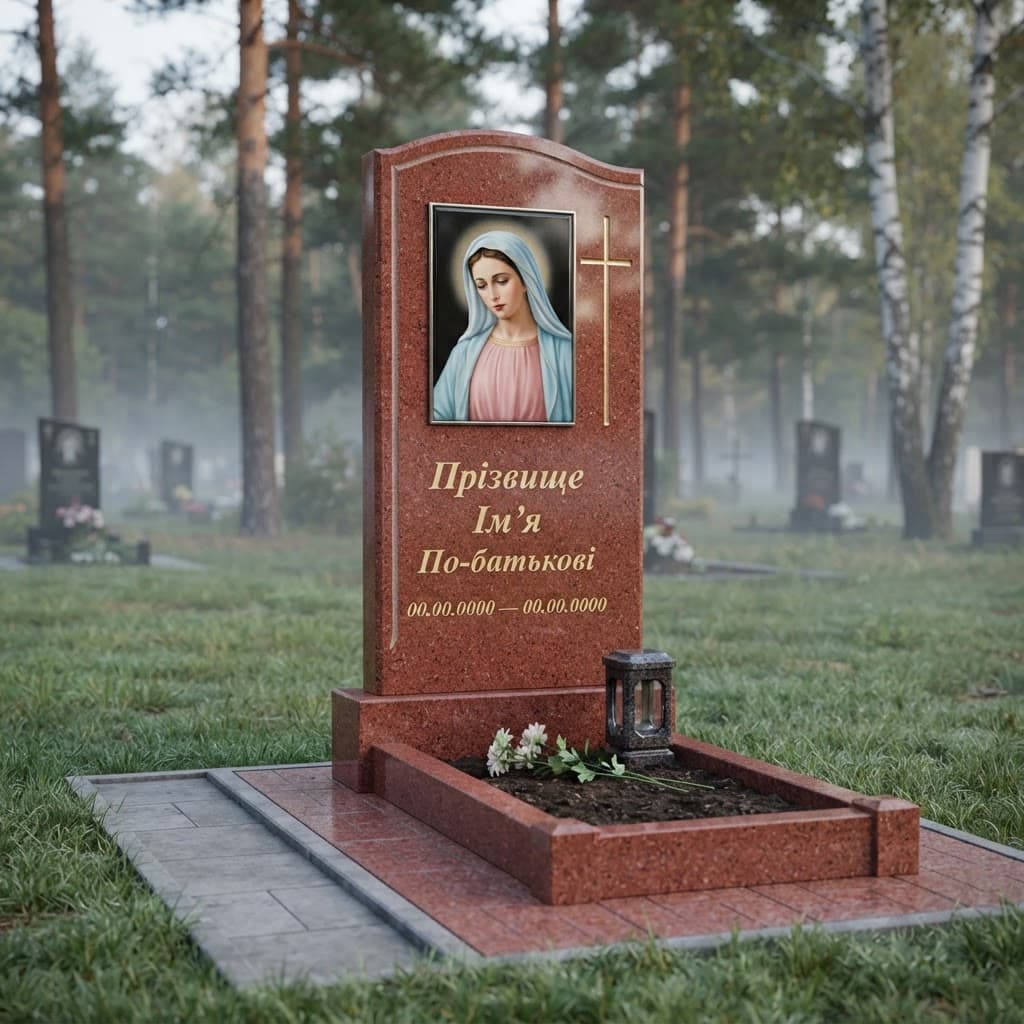 Пам'ятник «Одинарний пам'ятник — лезниківський граніт, стандартне оздоблення» №063 — пам'ятник одинарний, лезниківський, червоний