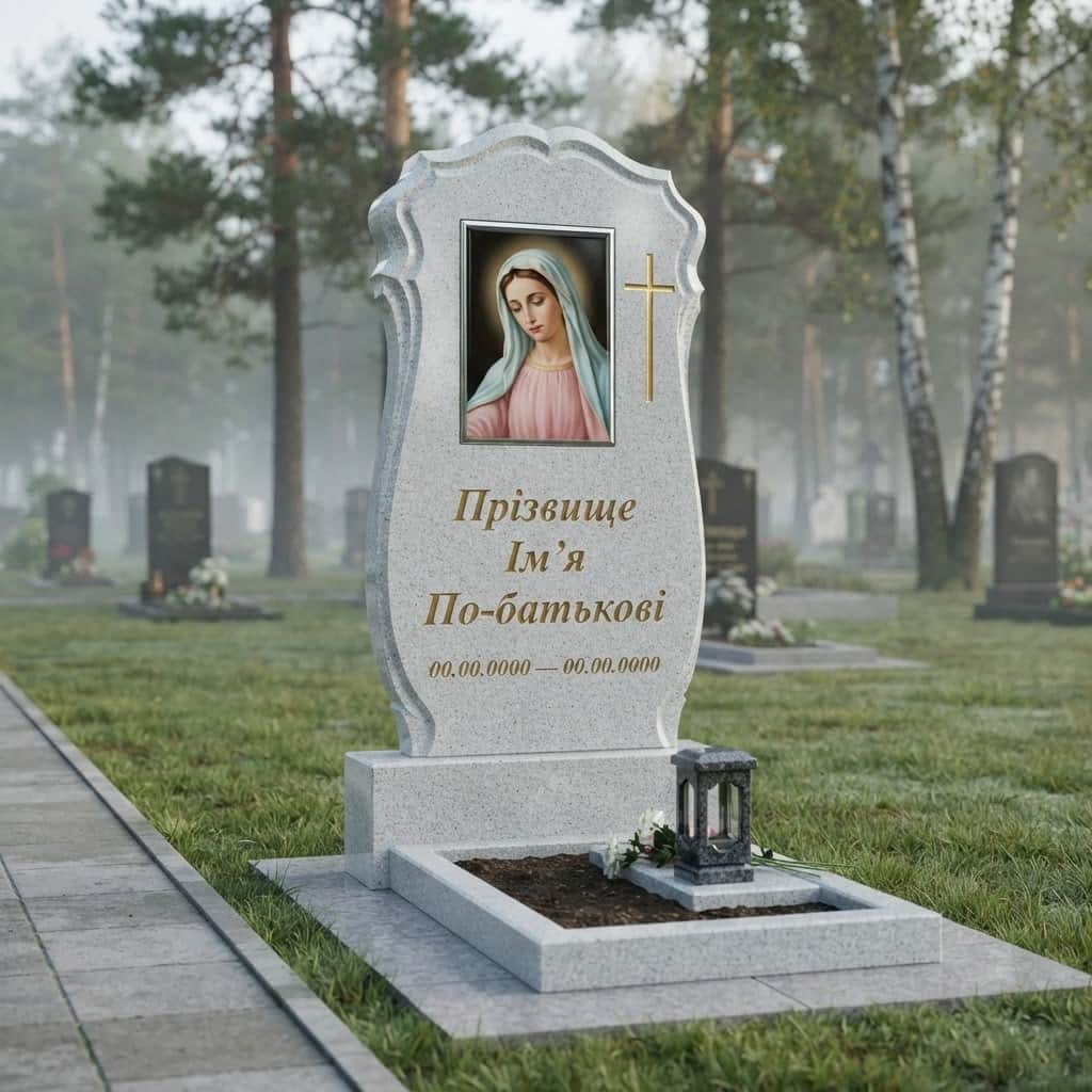 Пам'ятник «Одинарний пам'ятник — покостівський граніт, складне різьблення» №064 — пам'ятник одинарний, покостівський, сірий