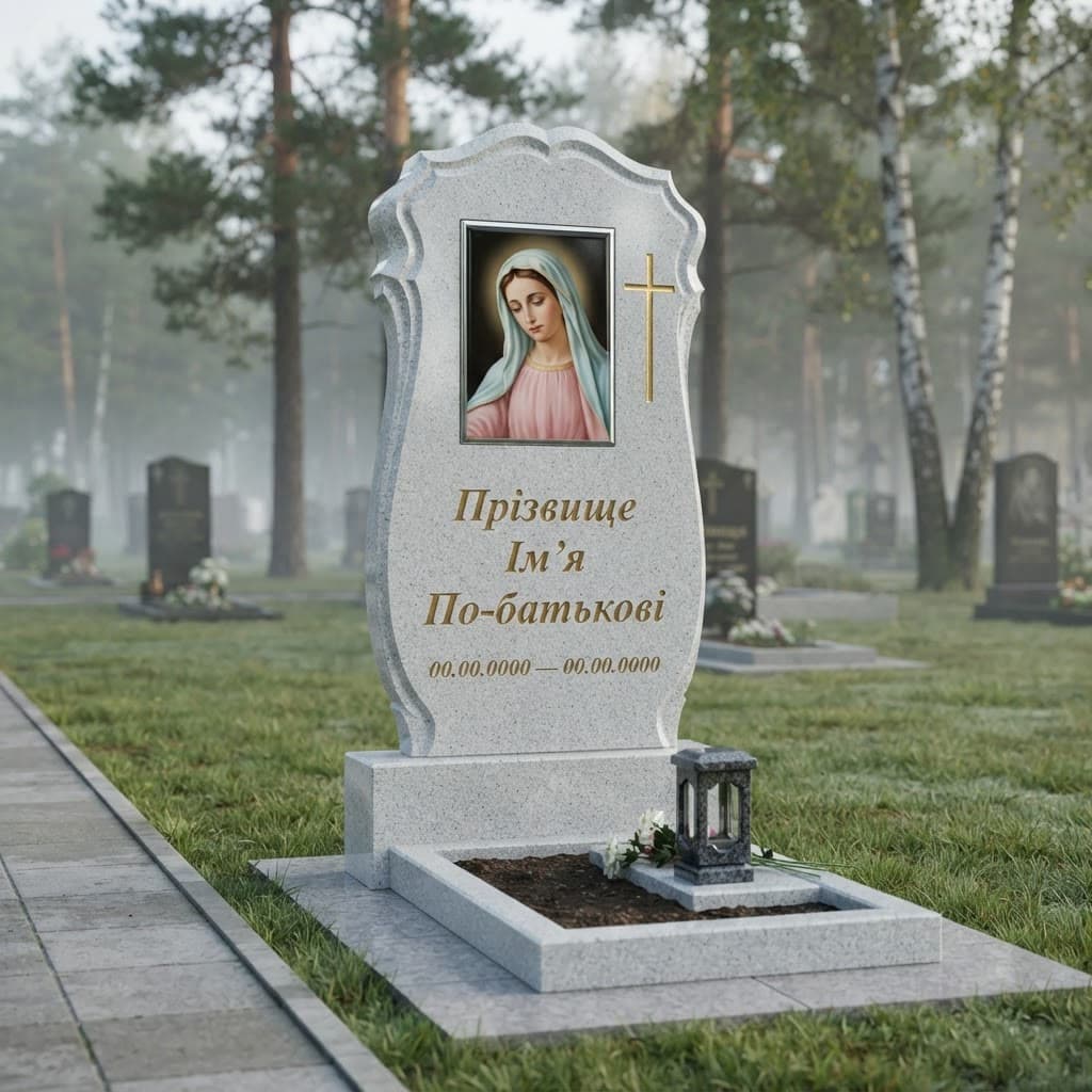 Пам'ятник «Одинарний пам'ятник — покостівський граніт, складне різьблення» №064 — пам'ятник одинарний, покостівський, сірий