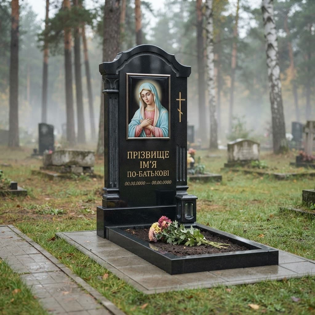 Пам'ятник «Одинарний пам'ятник — головинське габро, елітне оздоблення» №065 — пам'ятник одинарний, габро, чорний