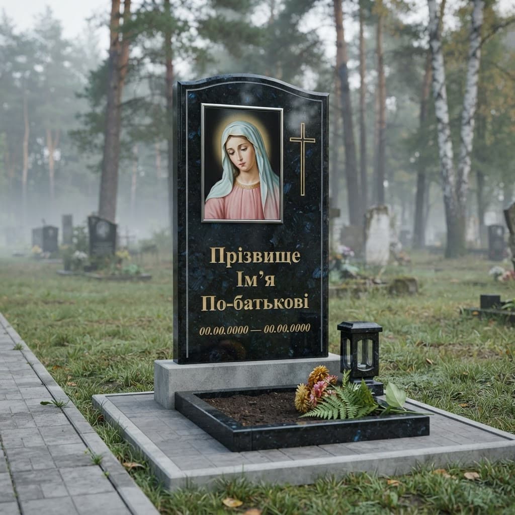Пам'ятник «Одинарний пам'ятник — добринський лабрадорит, базове оздоблення» №067 — пам'ятник одинарний, лабрадорит, чорний