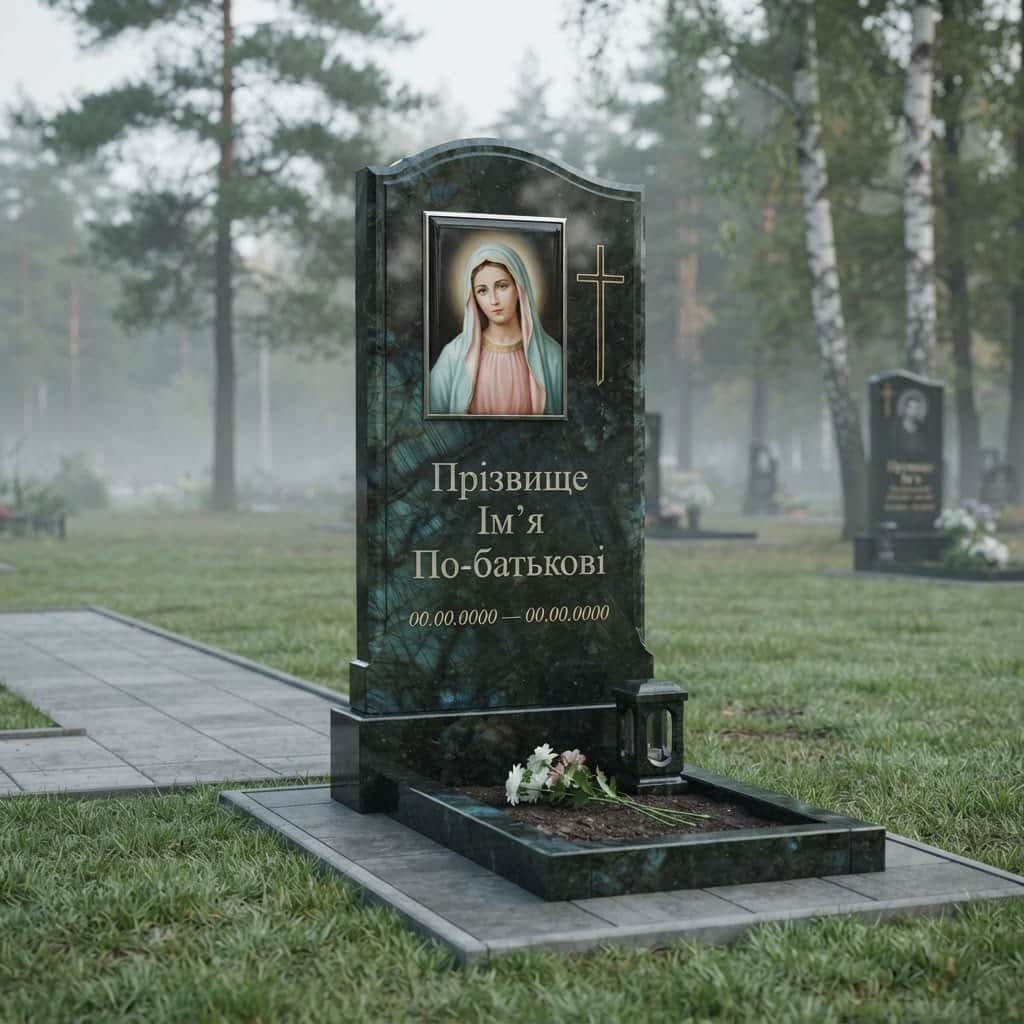 Пам'ятник «Одинарний пам'ятник — горбулівський лабрадорит, стандартне оздоблення» №068 — пам'ятник одинарний, лабрадорит, чорний