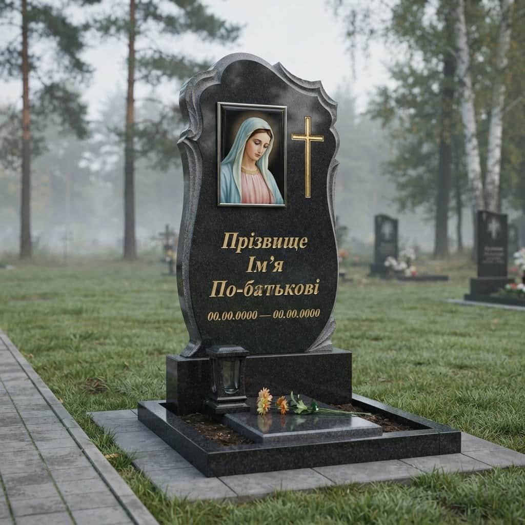 Пам'ятник «Одинарний пам'ятник — берестовецький базальт, складне різьблення» №069 — пам'ятник одинарний, берестовецький, чорний