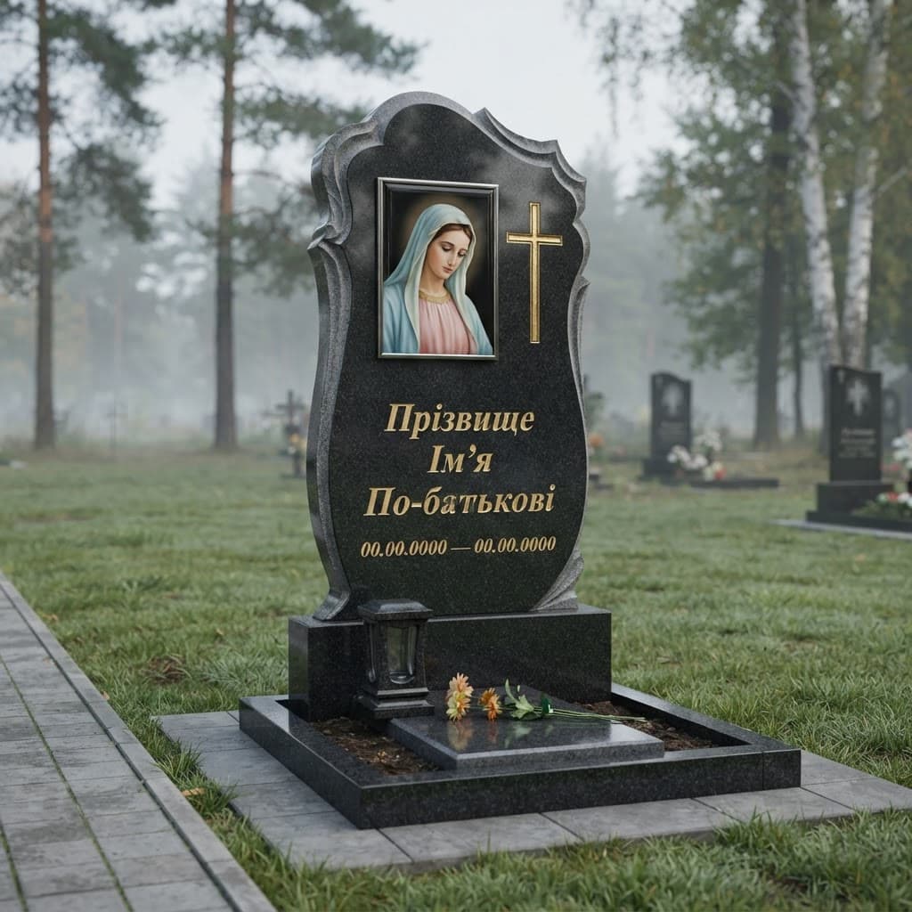 Пам'ятник «Одинарний пам'ятник — берестовецький базальт, складне різьблення» №069 — пам'ятник одинарний, берестовецький, чорний
