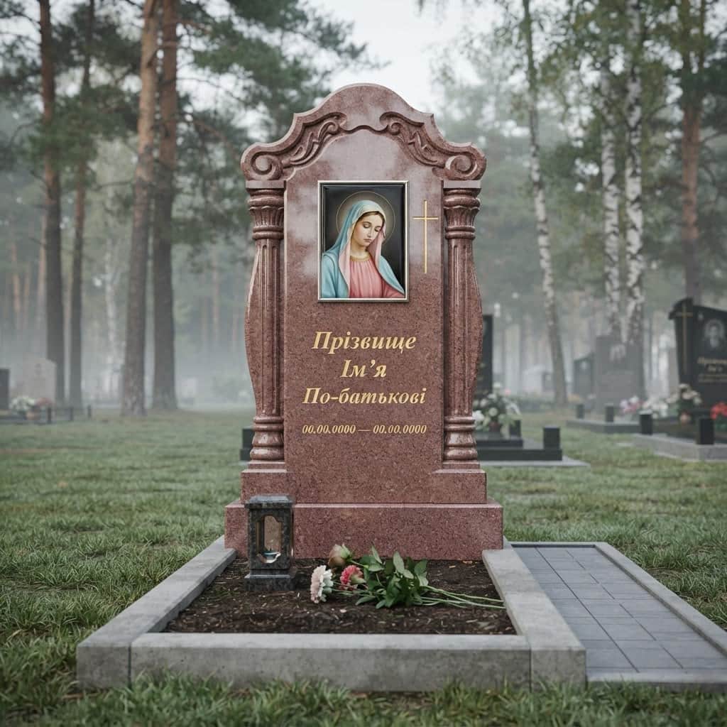 Пам'ятник «Одинарний пам'ятник — капустинський граніт, елітне оздоблення» №070 — пам'ятник одинарний, капустинський, червоний