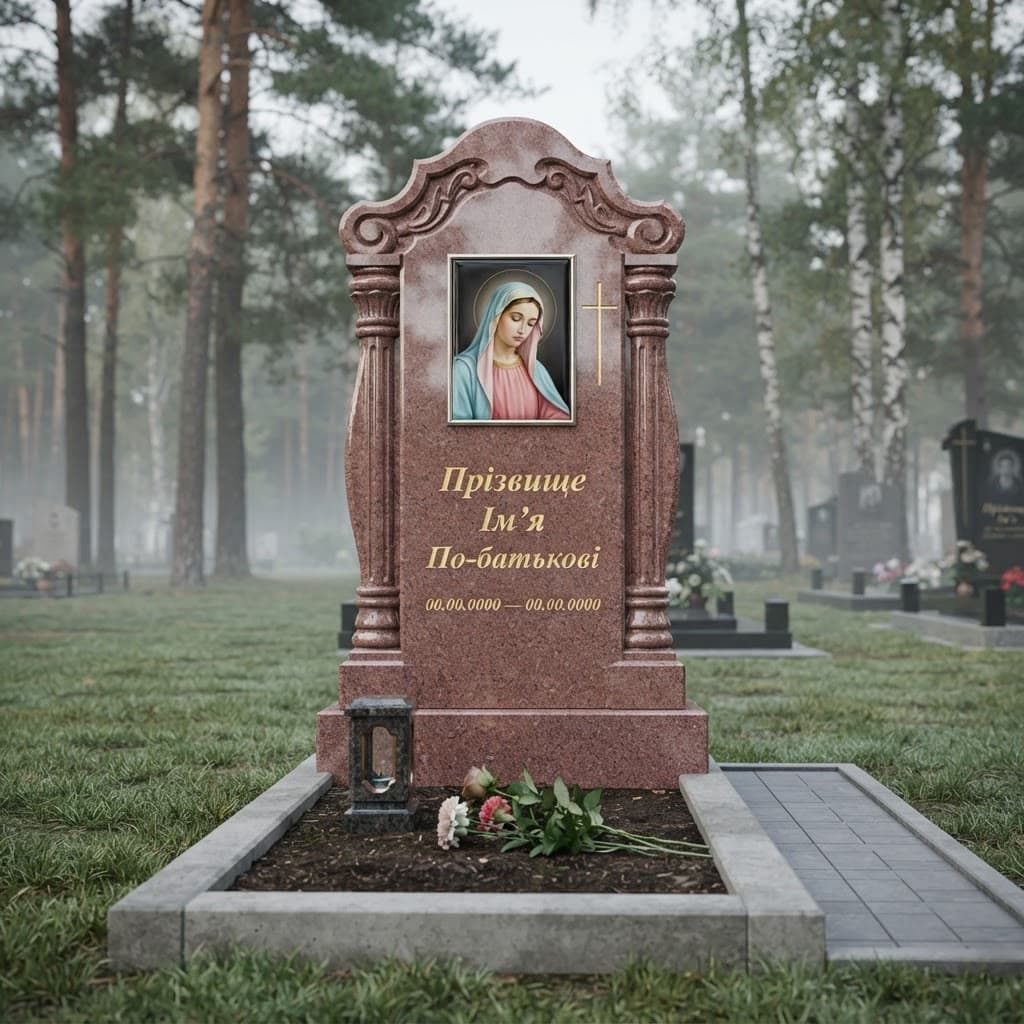 Пам'ятник «Одинарний пам'ятник — капустинський граніт, елітне оздоблення» №070 — пам'ятник одинарний, капустинський, червоний