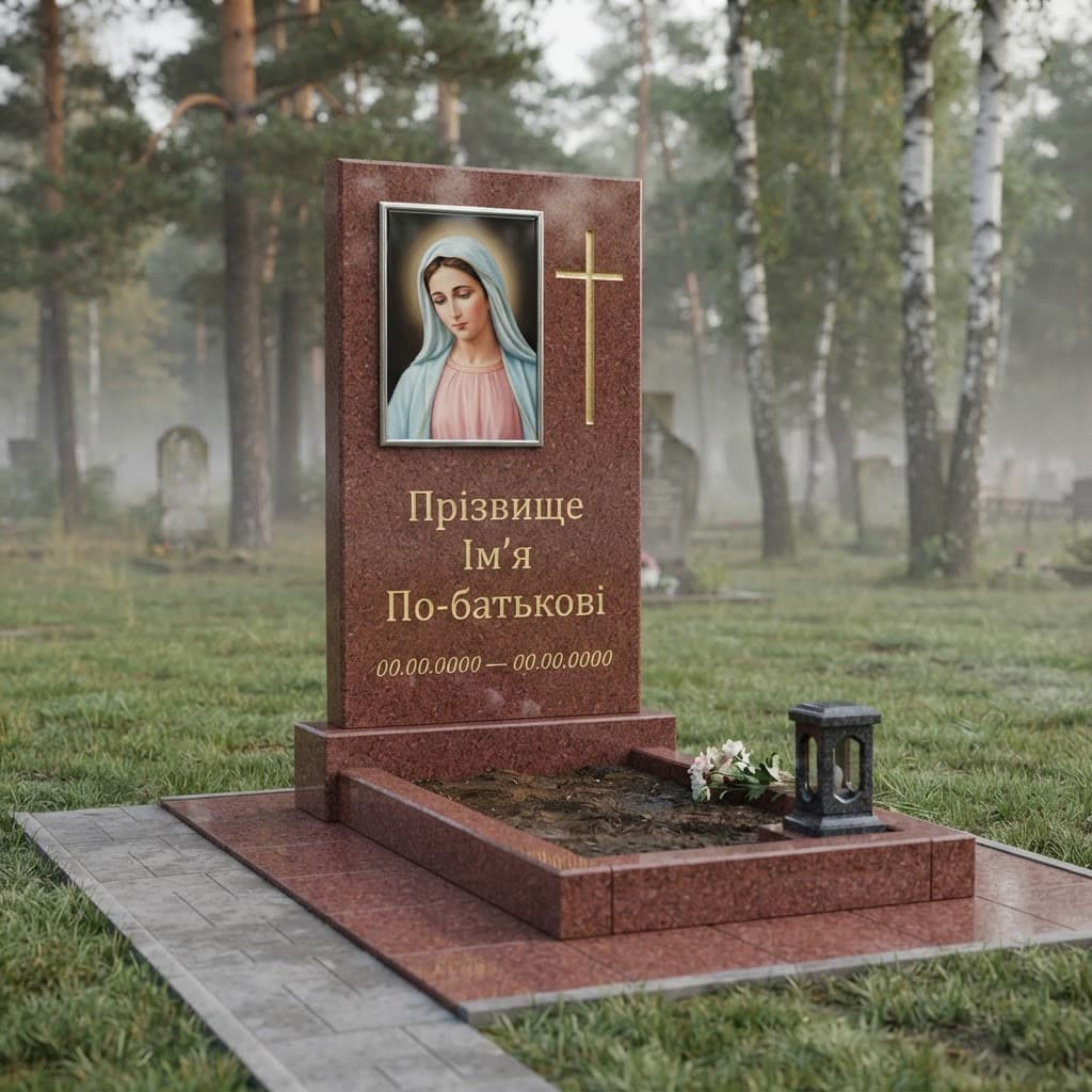Пам'ятник «Одинарний пам'ятник — межиріцький граніт, проста форма» №071 — пам'ятник одинарний, межиріцький, червоний