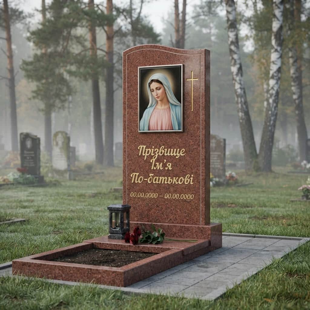 Пам'ятник «Одинарний пам'ятник — лезниківський граніт, базове оздоблення» №072 — пам'ятник одинарний, лезниківський, червоний