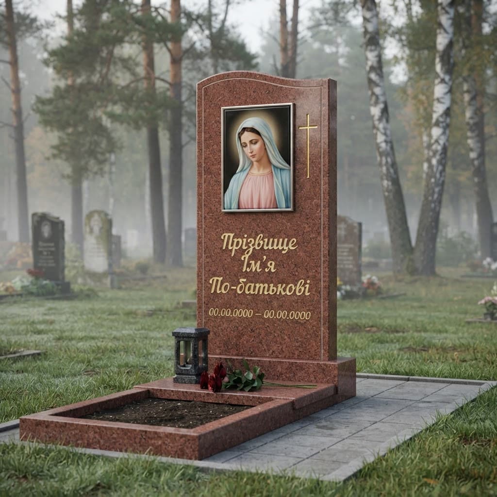 Пам'ятник «Одинарний пам'ятник — лезниківський граніт, базове оздоблення» №072 — пам'ятник одинарний, лезниківський, червоний