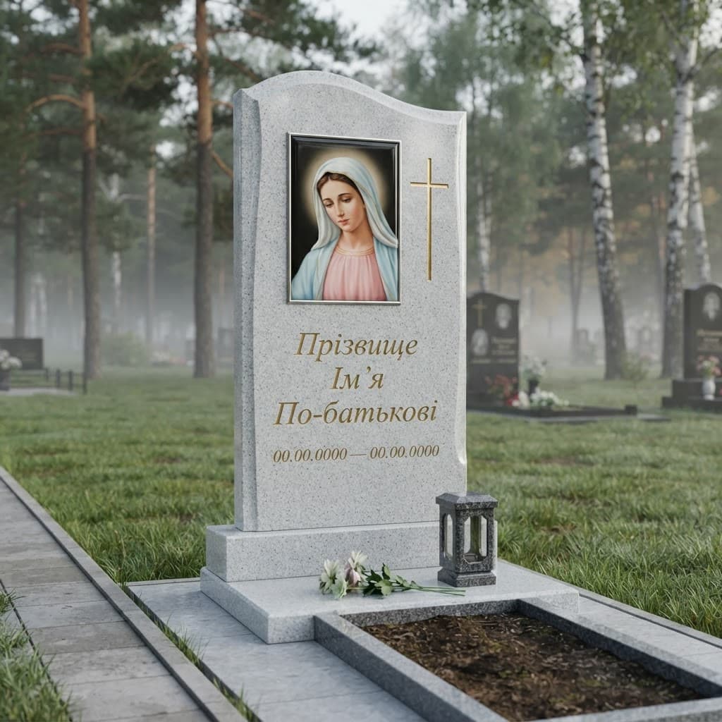 Пам'ятник «Одинарний пам'ятник — покостівський граніт, стандартне оздоблення» №073 — пам'ятник одинарний, покостівський, сірий