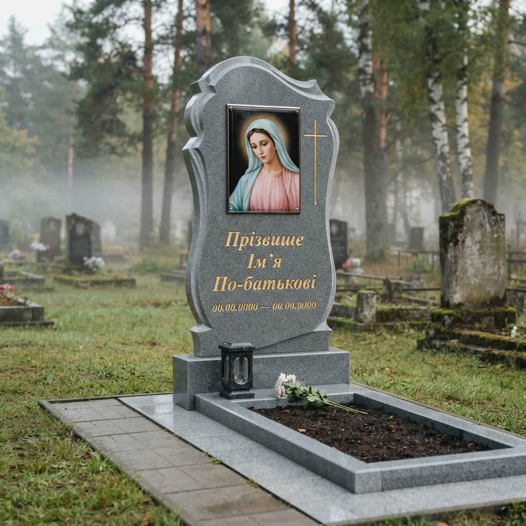 Пам'ятник «Одинарний пам'ятник — танський граніт, складне різьблення» №074 — пам'ятник одинарний, танський, сірий