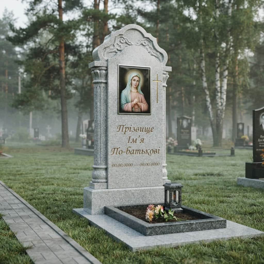 Пам'ятник «Одинарний пам'ятник — софіївський граніт, елітне оздоблення» №075 — пам'ятник одинарний, софіївський, сірий