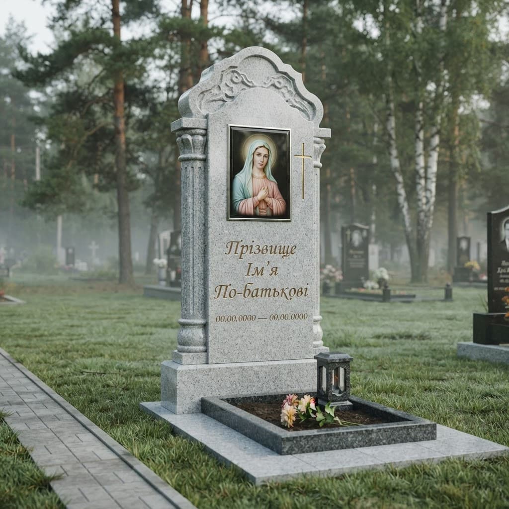 Пам'ятник «Одинарний пам'ятник — софіївський граніт, елітне оздоблення» №075 — пам'ятник одинарний, софіївський, сірий