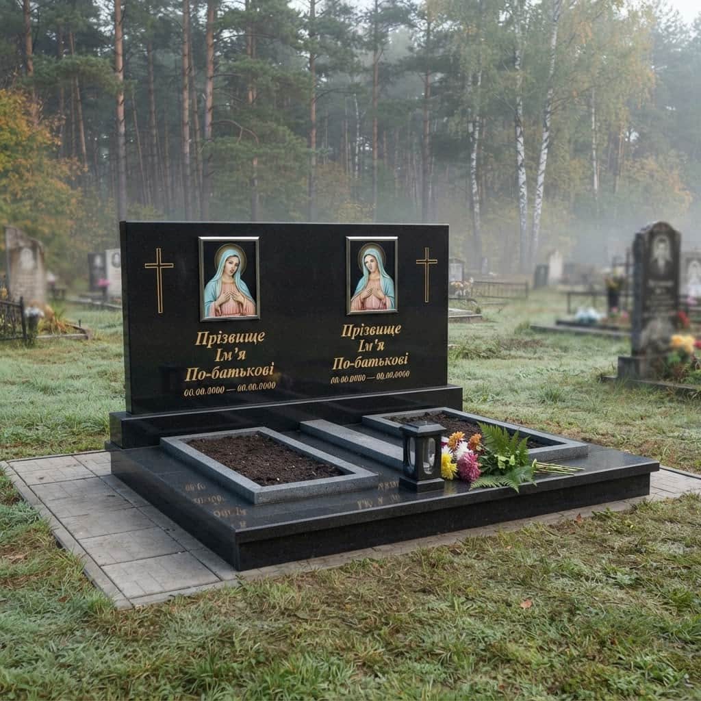 Пам'ятник «Подвійний пам'ятник — головинське габро, проста форма» №077 — пам'ятник подвійний, габро, чорний