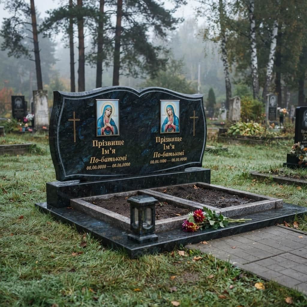 Пам'ятник «Подвійний пам'ятник — добринський лабрадорит, стандартне оздоблення» №079 — пам'ятник подвійний, лабрадорит, чорний
