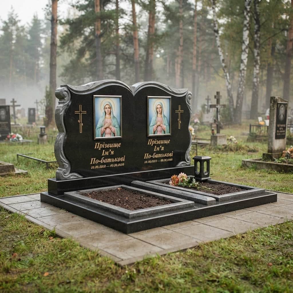 Пам'ятник «Подвійний пам'ятник — горбулівський лабрадорит, складне різьблення» №080 — пам'ятник подвійний, лабрадорит, чорний