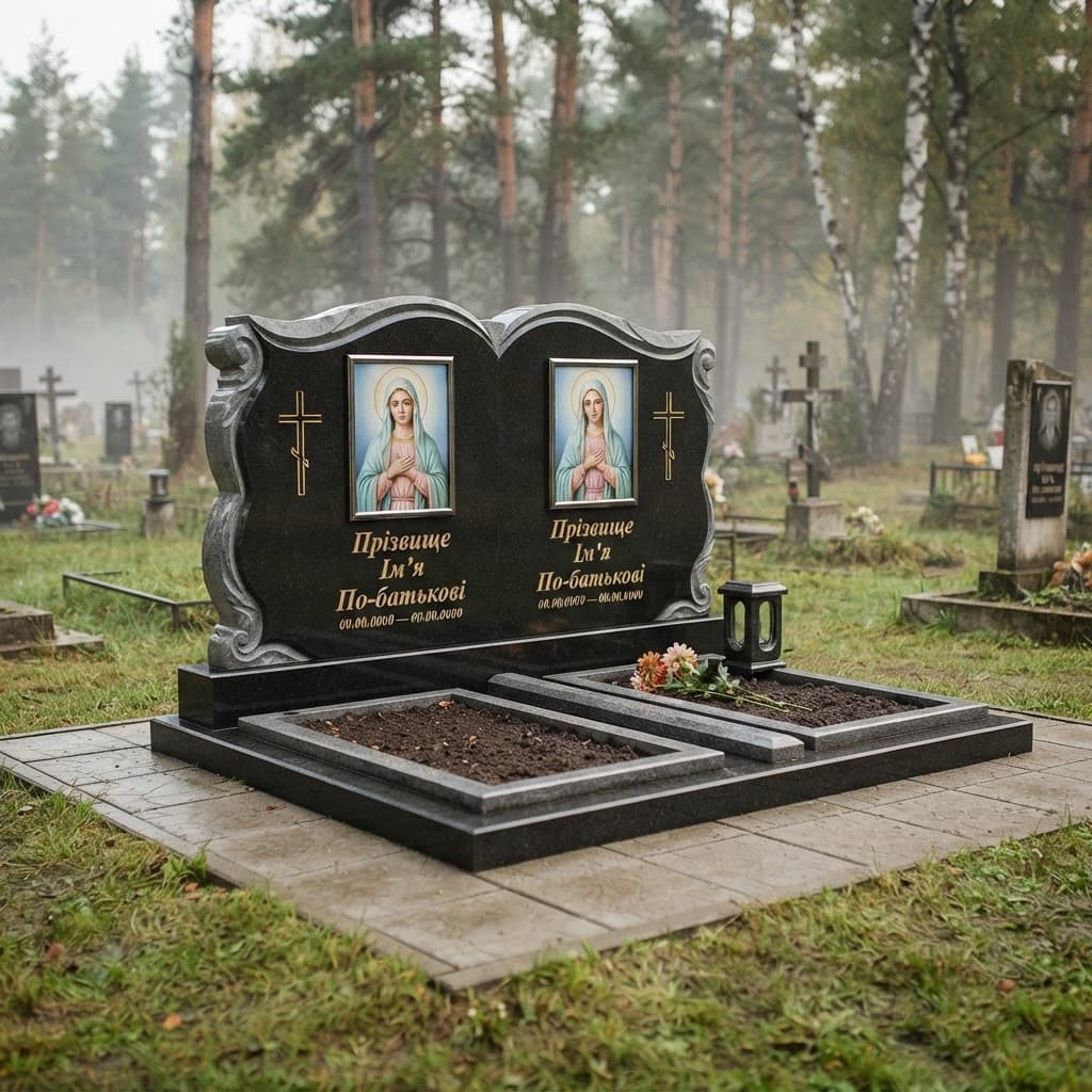 Пам'ятник «Подвійний пам'ятник — горбулівський лабрадорит, складне різьблення» №080 — пам'ятник подвійний, лабрадорит, чорний