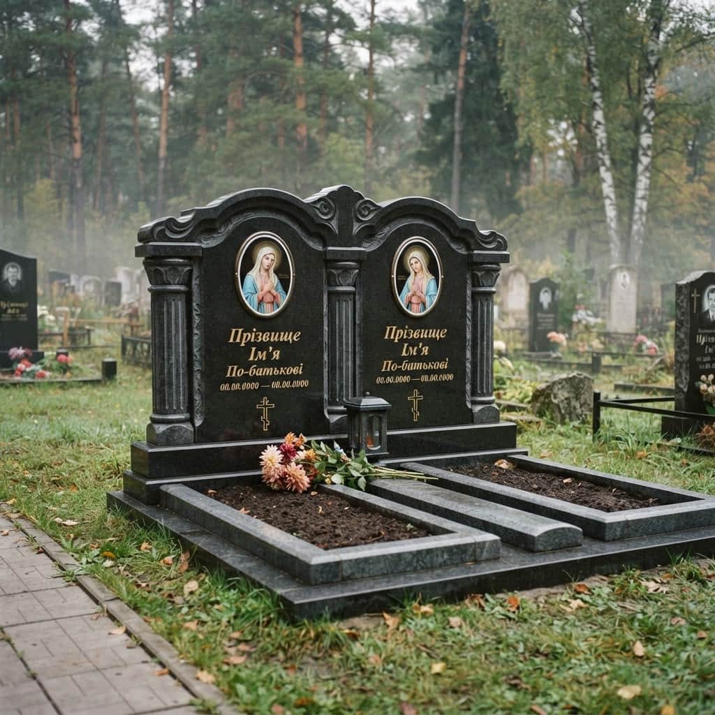 Пам'ятник «Подвійний пам'ятник — берестовецький базальт, елітне оздоблення» №081 — пам'ятник подвійний, берестовецький, чорний