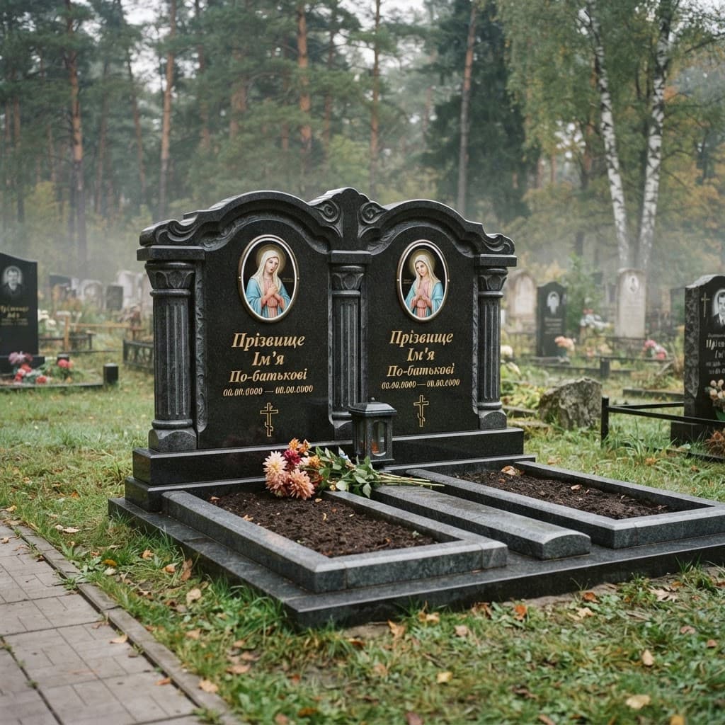 Пам'ятник «Подвійний пам'ятник — берестовецький базальт, елітне оздоблення» №081 — пам'ятник подвійний, берестовецький, чорний