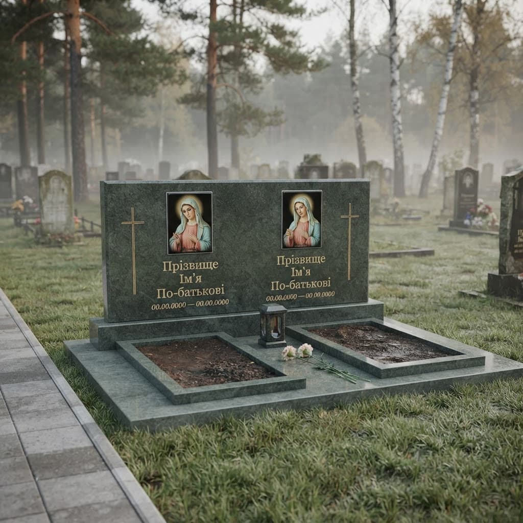 Пам'ятник «Подвійний пам'ятник — дідковицький граніт, проста форма» №082 — пам'ятник подвійний, дідковицький, зелений