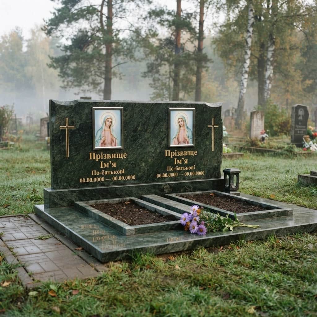 Пам'ятник «Подвійний пам'ятник — маславський граніт, базове оздоблення» №083 — пам'ятник подвійний, маславський, зелений