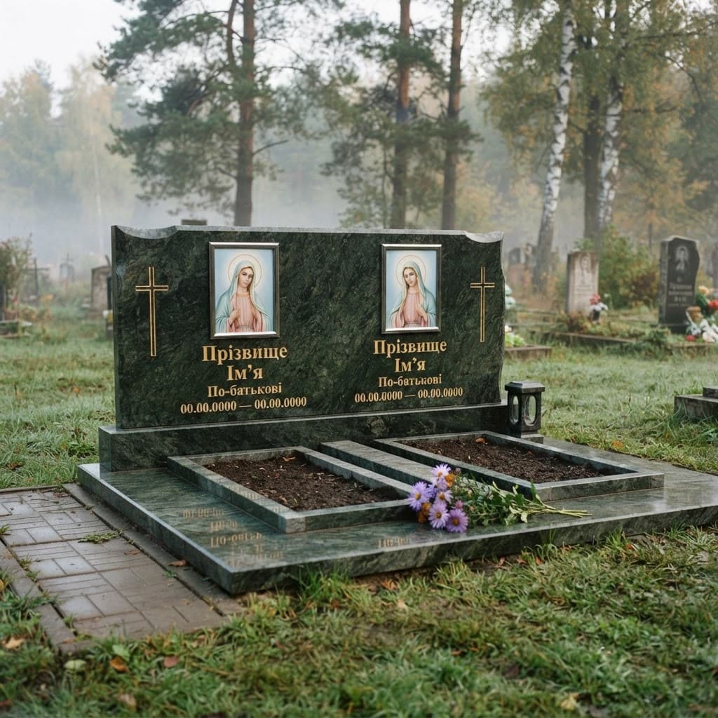 Пам'ятник «Подвійний пам'ятник — маславський граніт, базове оздоблення» №083 — пам'ятник подвійний, маславський, зелений