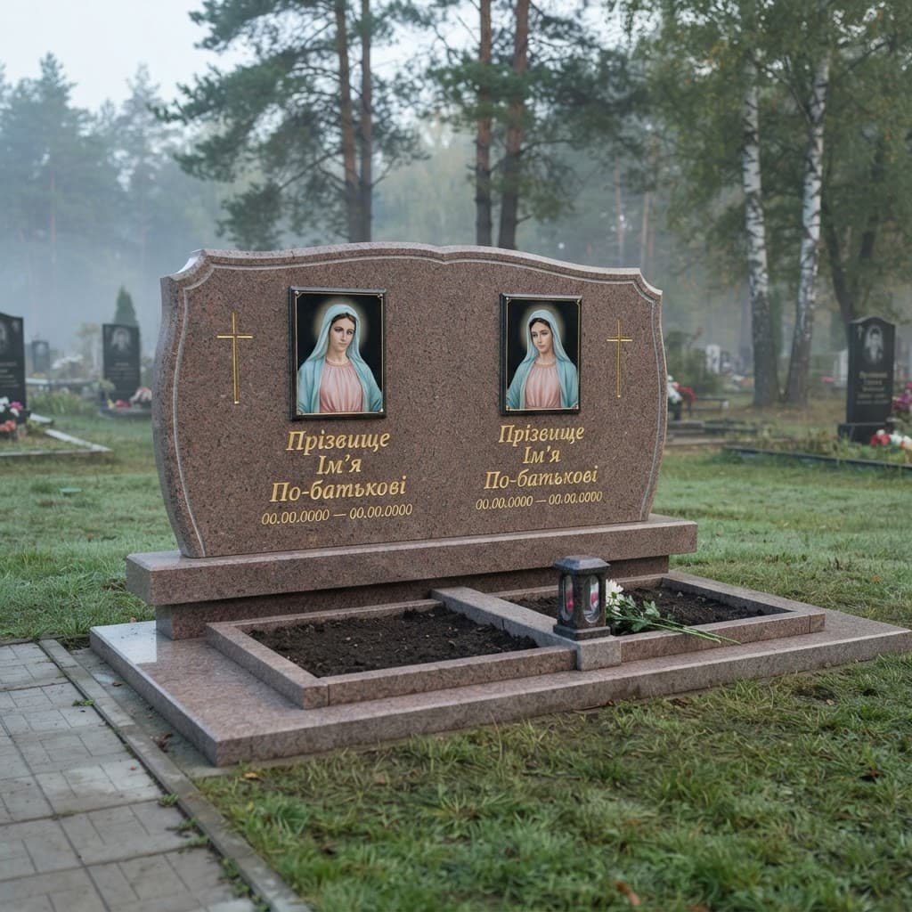 Пам'ятник «Подвійний пам'ятник — капустинський граніт, стандартне оздоблення» №084 — пам'ятник подвійний, капустинський, червоний