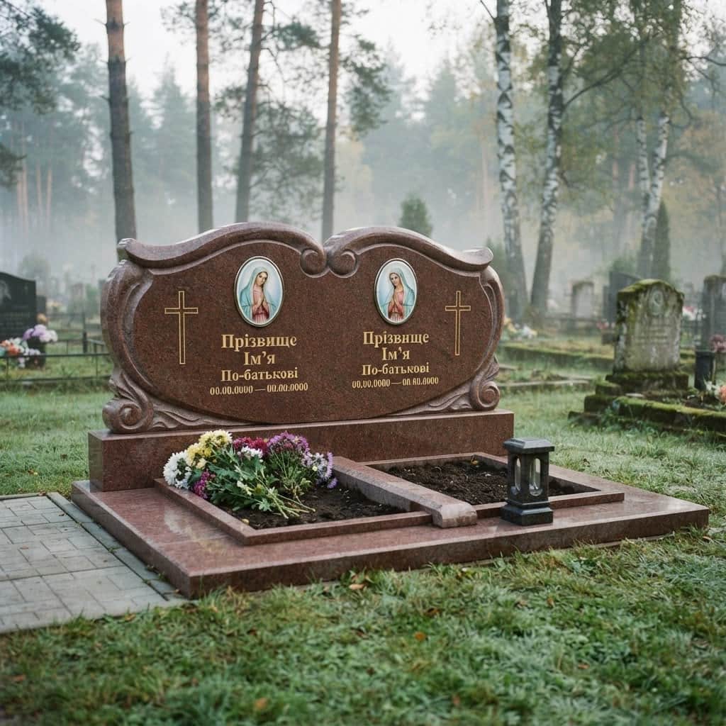 Пам'ятник «Подвійний пам'ятник — межиріцький граніт, складне різьблення» №085 — пам'ятник подвійний, межиріцький, червоний