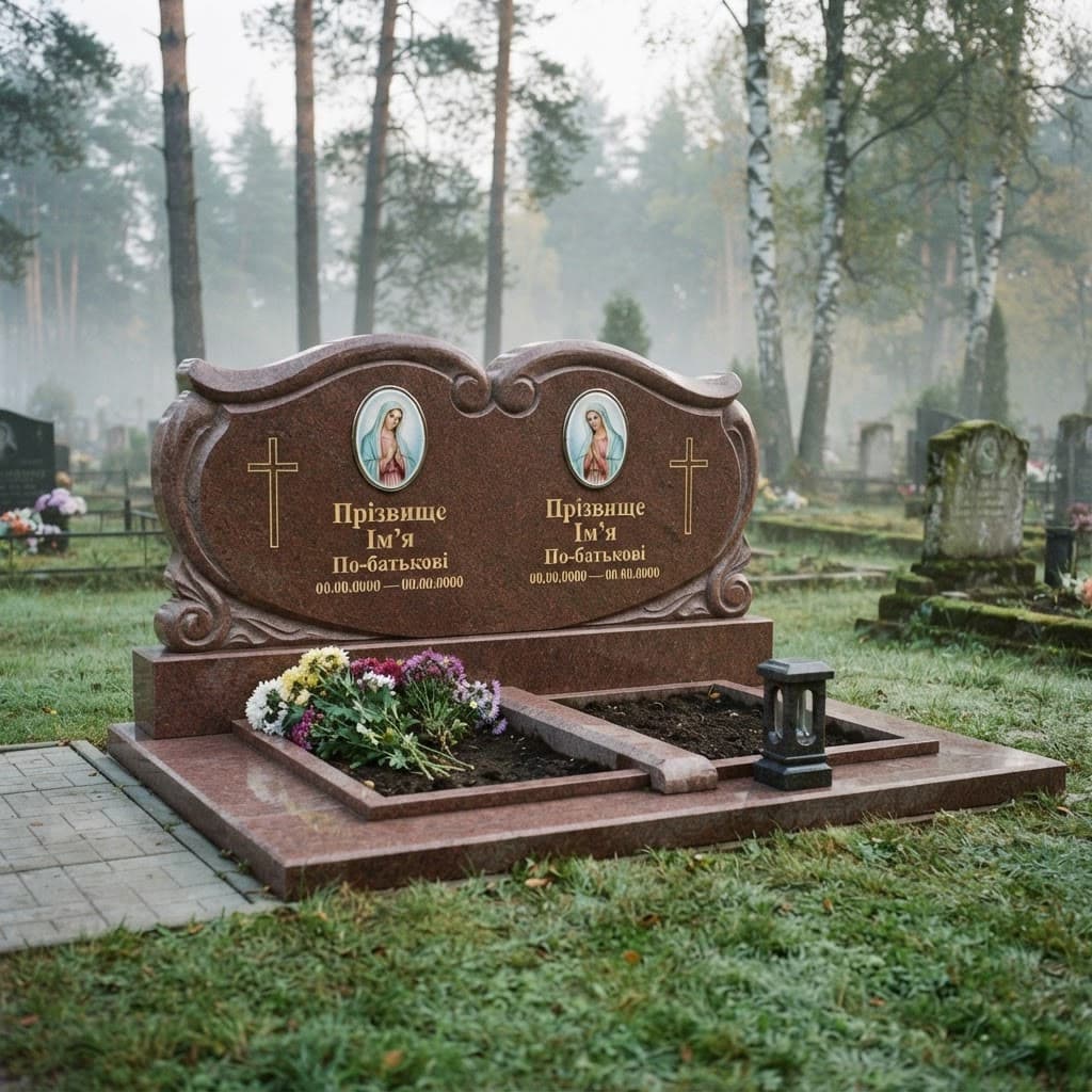 Пам'ятник «Подвійний пам'ятник — межиріцький граніт, складне різьблення» №085 — пам'ятник подвійний, межиріцький, червоний