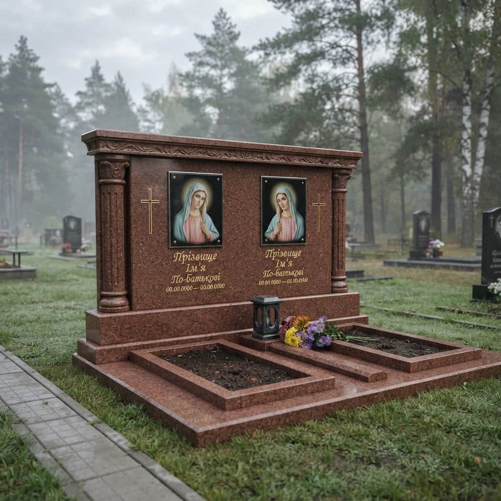 Пам'ятник «Подвійний пам'ятник — лезниківський граніт, елітне оздоблення» №086 — пам'ятник подвійний, лезниківський, червоний