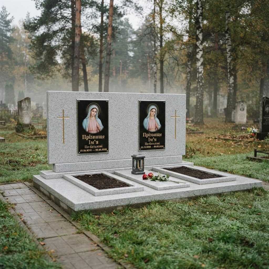 Пам'ятник «Подвійний пам'ятник — покостівський граніт, проста форма» №087 — пам'ятник подвійний, покостівський, сірий