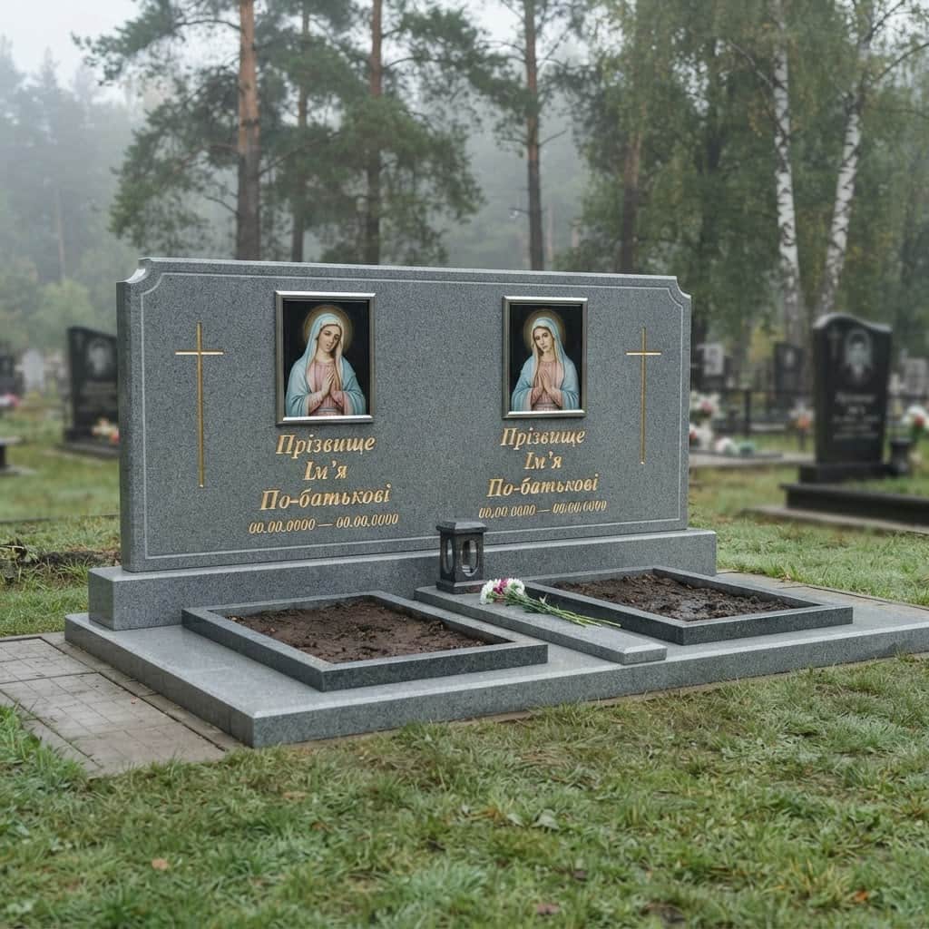 Пам'ятник «Подвійний пам'ятник — танський граніт, базове оздоблення» №088 — пам'ятник подвійний, танський, сірий