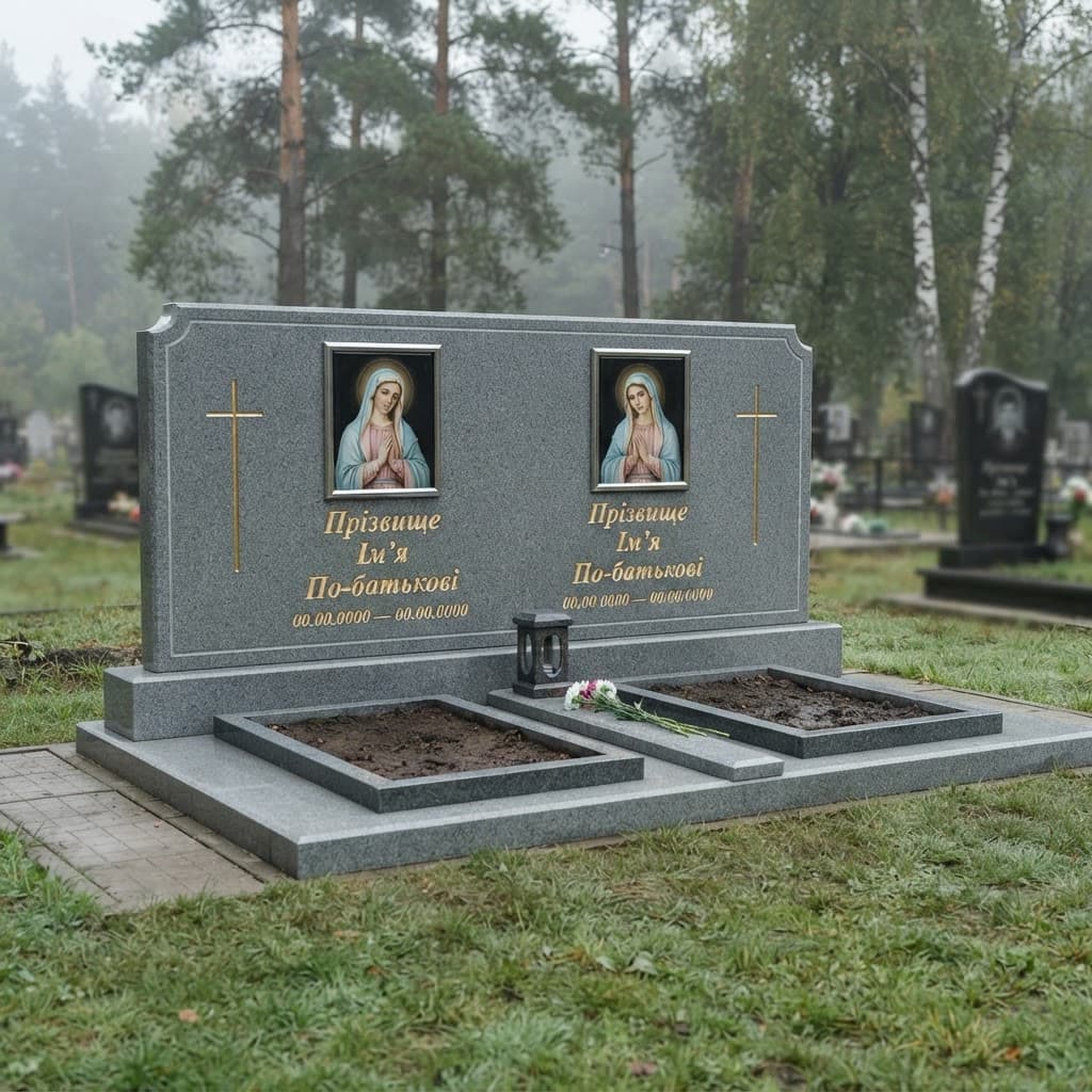 Пам'ятник «Подвійний пам'ятник — танський граніт, базове оздоблення» №088 — пам'ятник подвійний, танський, сірий