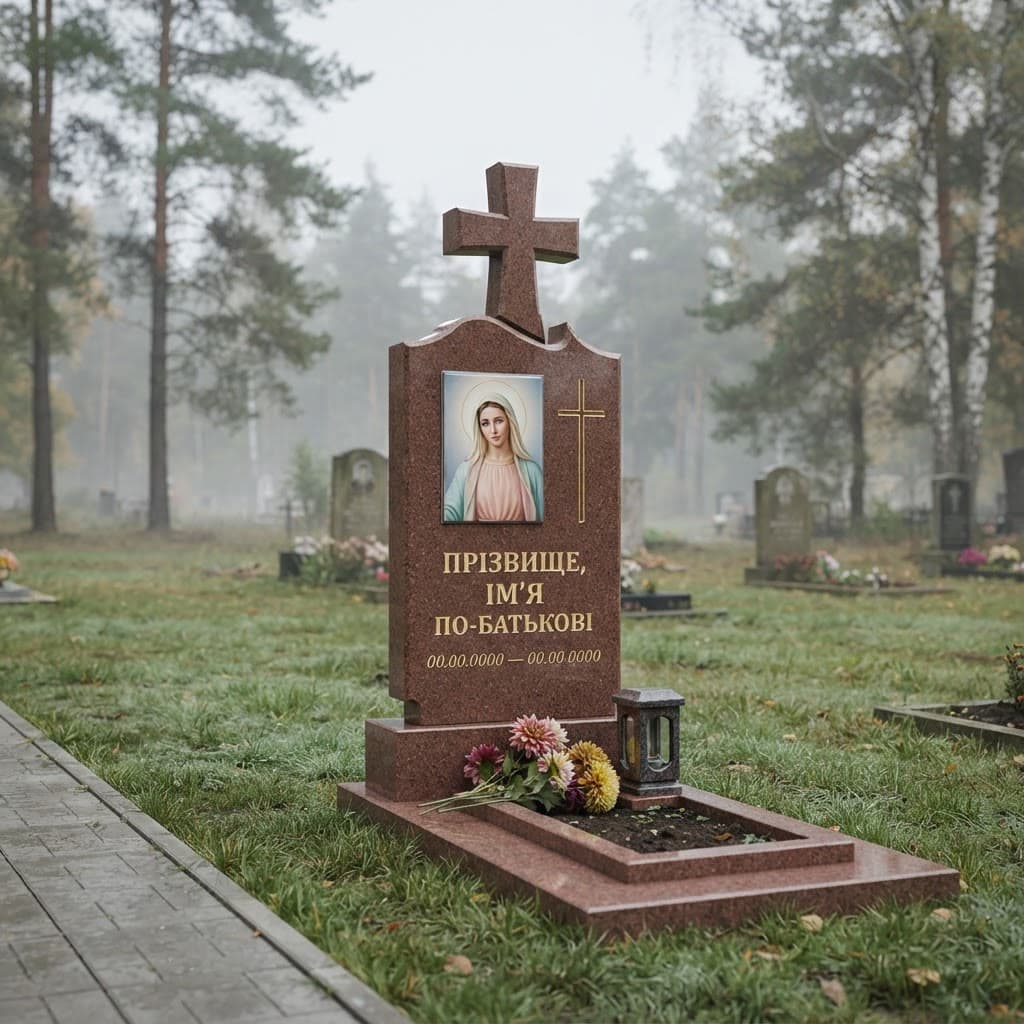 Пам'ятник «Хрест гранітний — межиріцький граніт, базове оздоблення» №102 — хрест гранітний, межиріцький, червоний