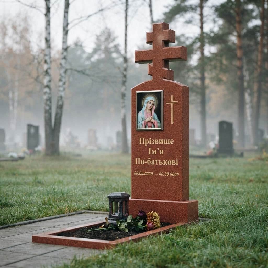 Пам'ятник «Хрест гранітний — лезниківський граніт, стандартне оздоблення» №103 — хрест гранітний, лезниківський, червоний