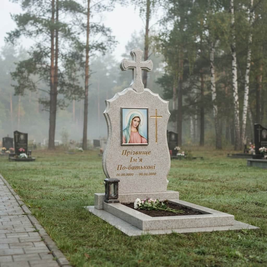 Пам'ятник «Хрест гранітний — покостівський граніт, складне різьблення» №104 — хрест гранітний, покостівський, сірий