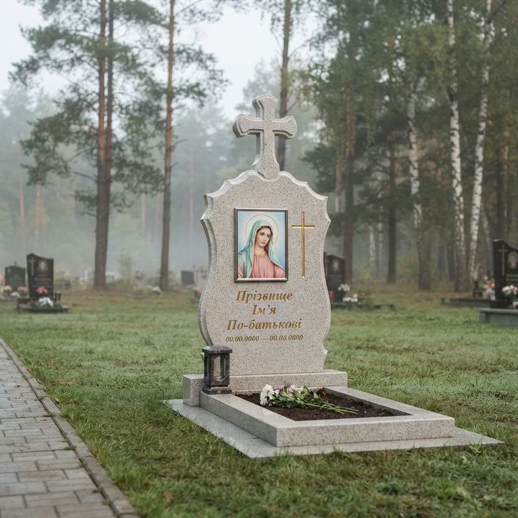 Пам'ятник «Хрест гранітний — покостівський граніт, складне різьблення» №104 — хрест гранітний, покостівський, сірий