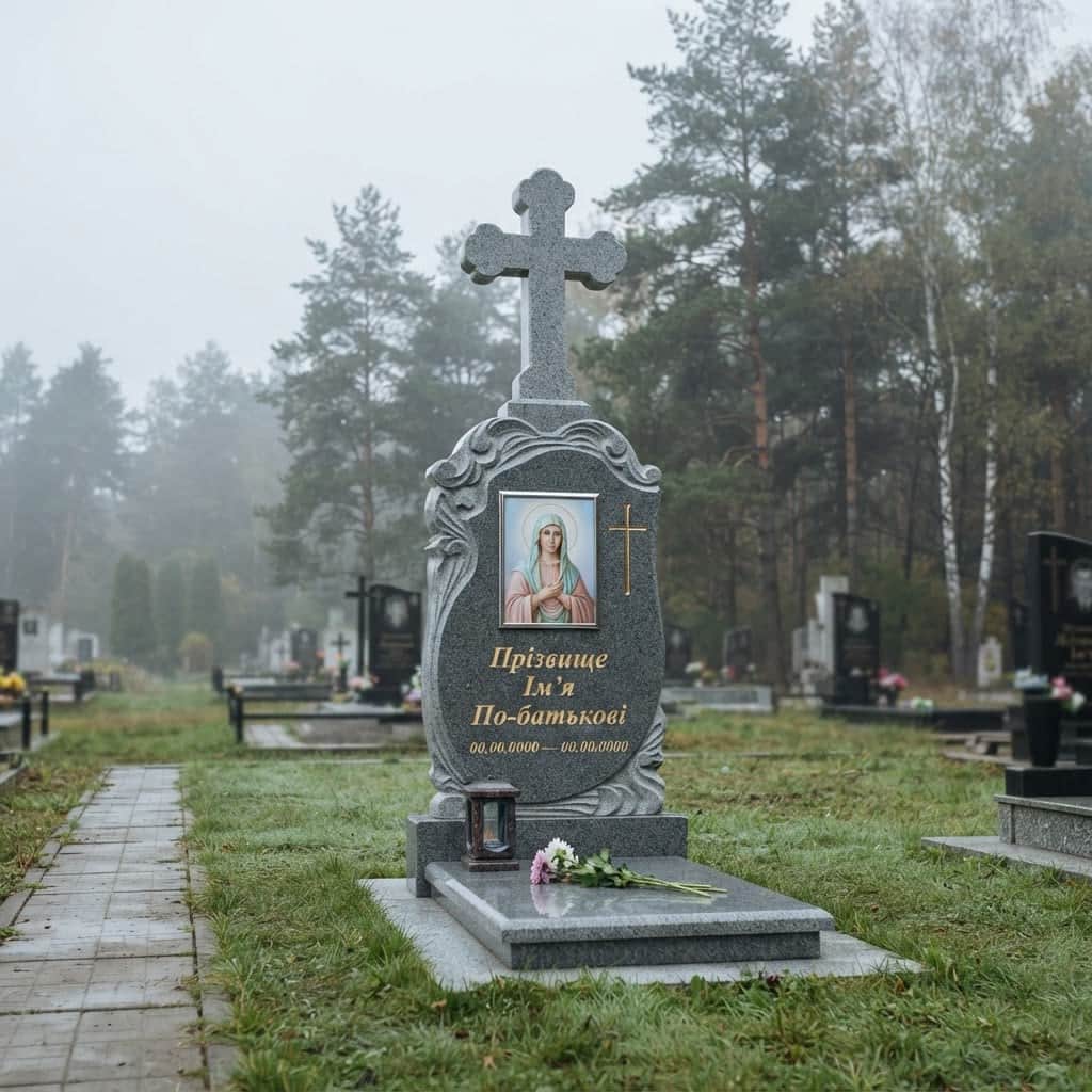 Пам'ятник «Хрест гранітний — танський граніт, елітне оздоблення» №105 — хрест гранітний, танський, сірий