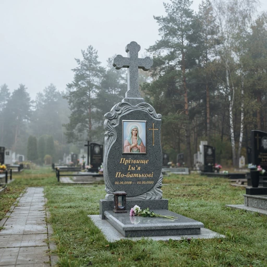 Пам'ятник «Хрест гранітний — танський граніт, елітне оздоблення» №105 — хрест гранітний, танський, сірий