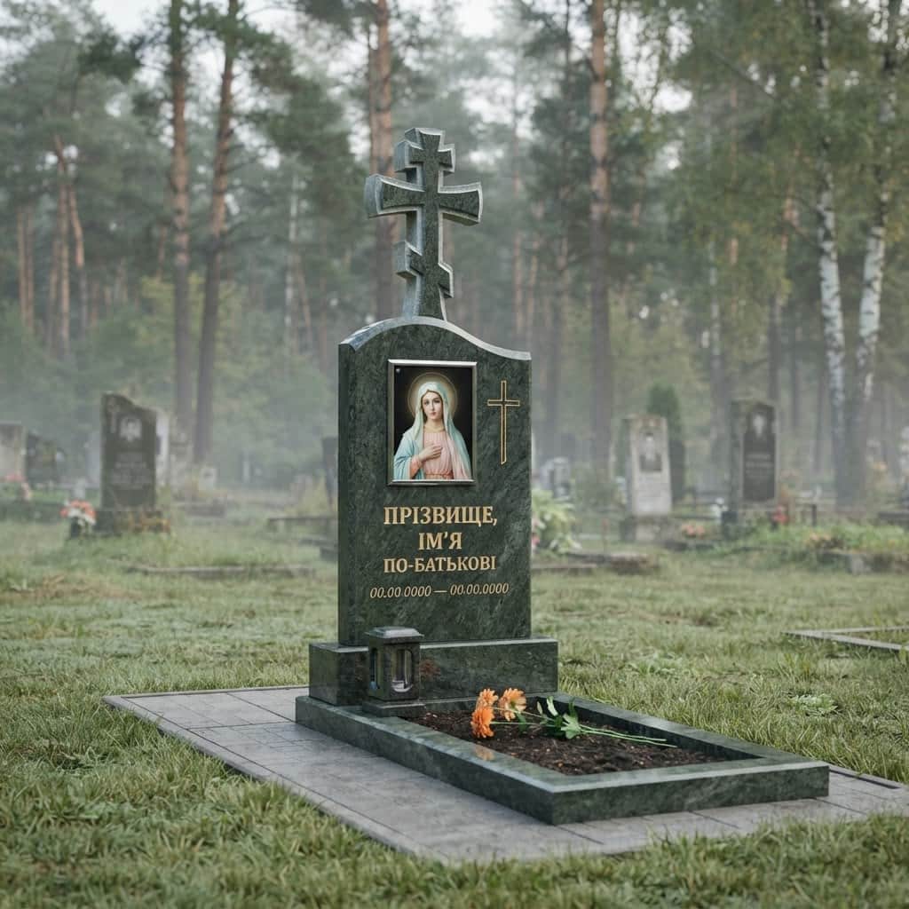 Пам'ятник «Хрест гранітний — дідковицький граніт, складне різьблення» №109 — хрест гранітний, дідковицький, зелений