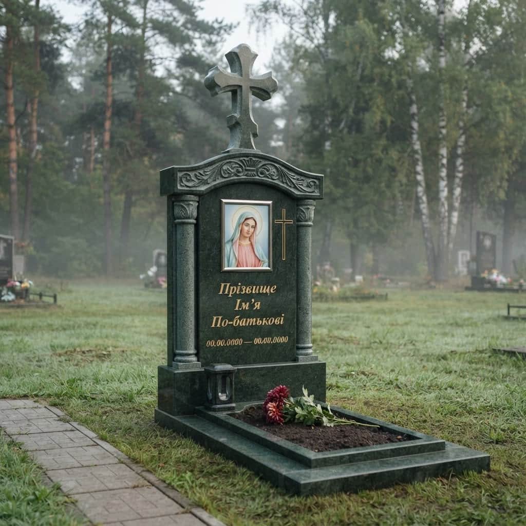 Пам'ятник «Хрест гранітний — маславський граніт, елітне оздоблення» №110 — хрест гранітний, маславський, зелений