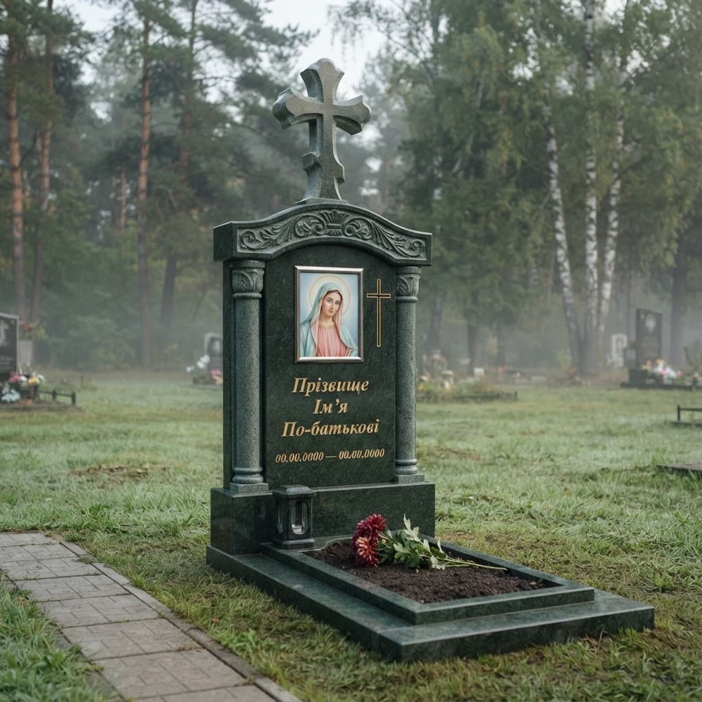Пам'ятник «Хрест гранітний — маславський граніт, елітне оздоблення» №110 — хрест гранітний, маславський, зелений